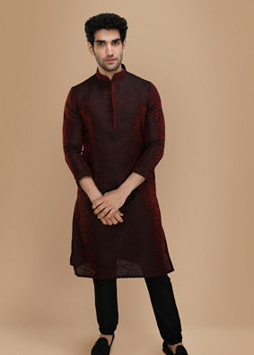 alt message - Manyavar Men Merlot Red Jacquard Kurta Set image number 1