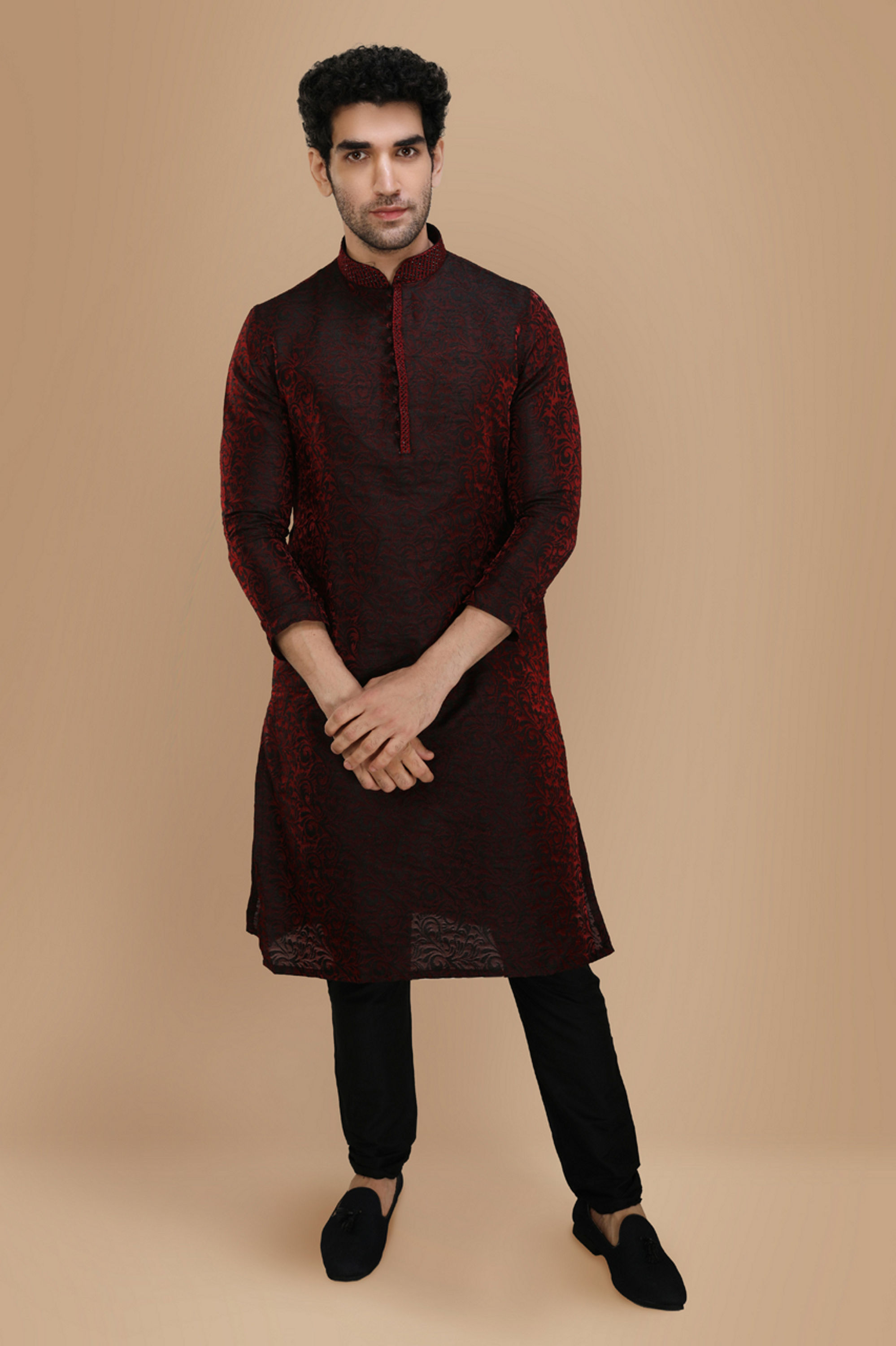 Manyavar Men Merlot Red Jacquard Kurta Set