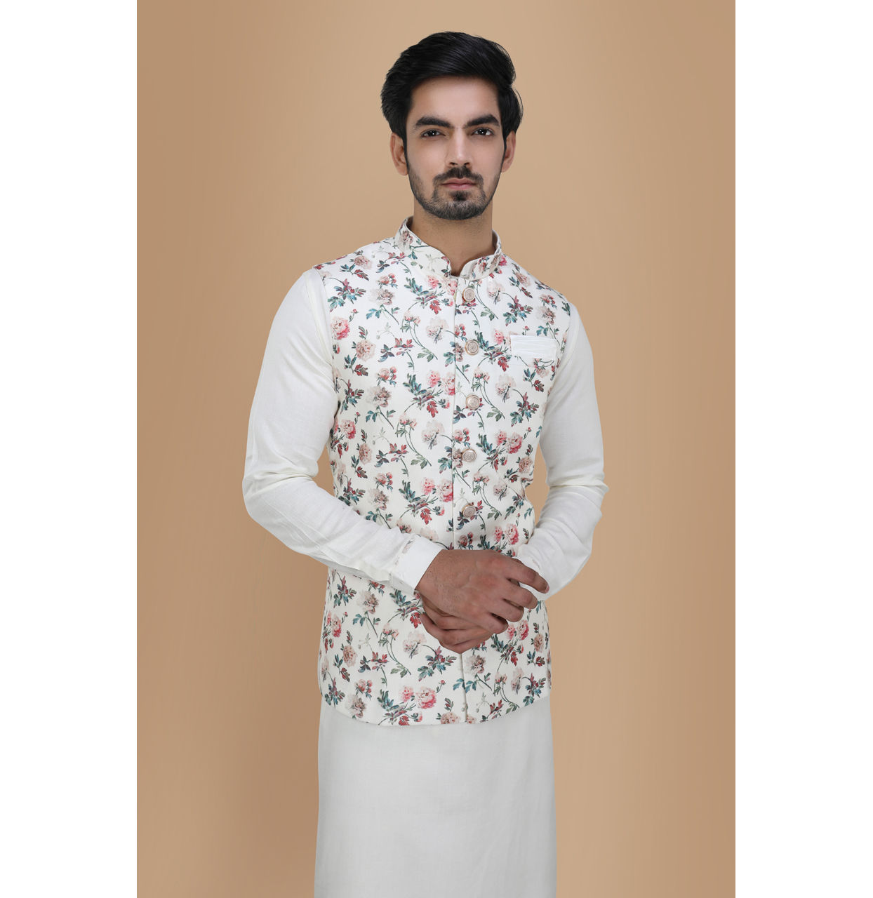 alt message - Manyavar Men Light Cream Floral Print Kurta Jacket Set image number 0