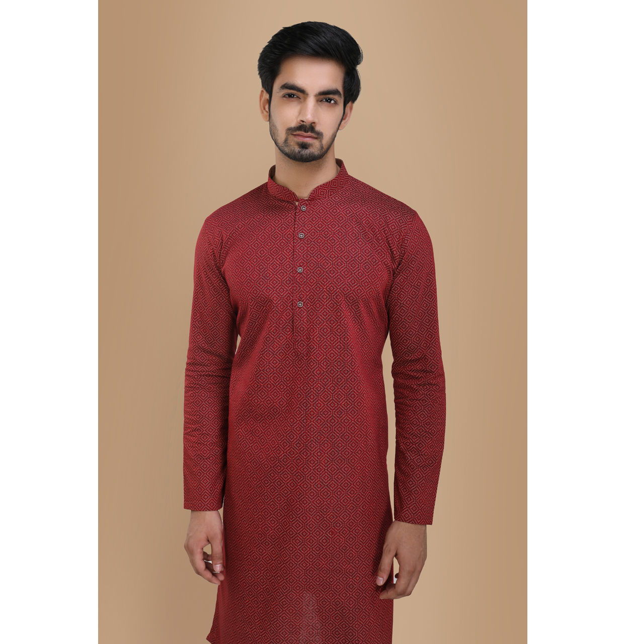 alt message - Manyavar Men Maroon Printed Kurta image number 0