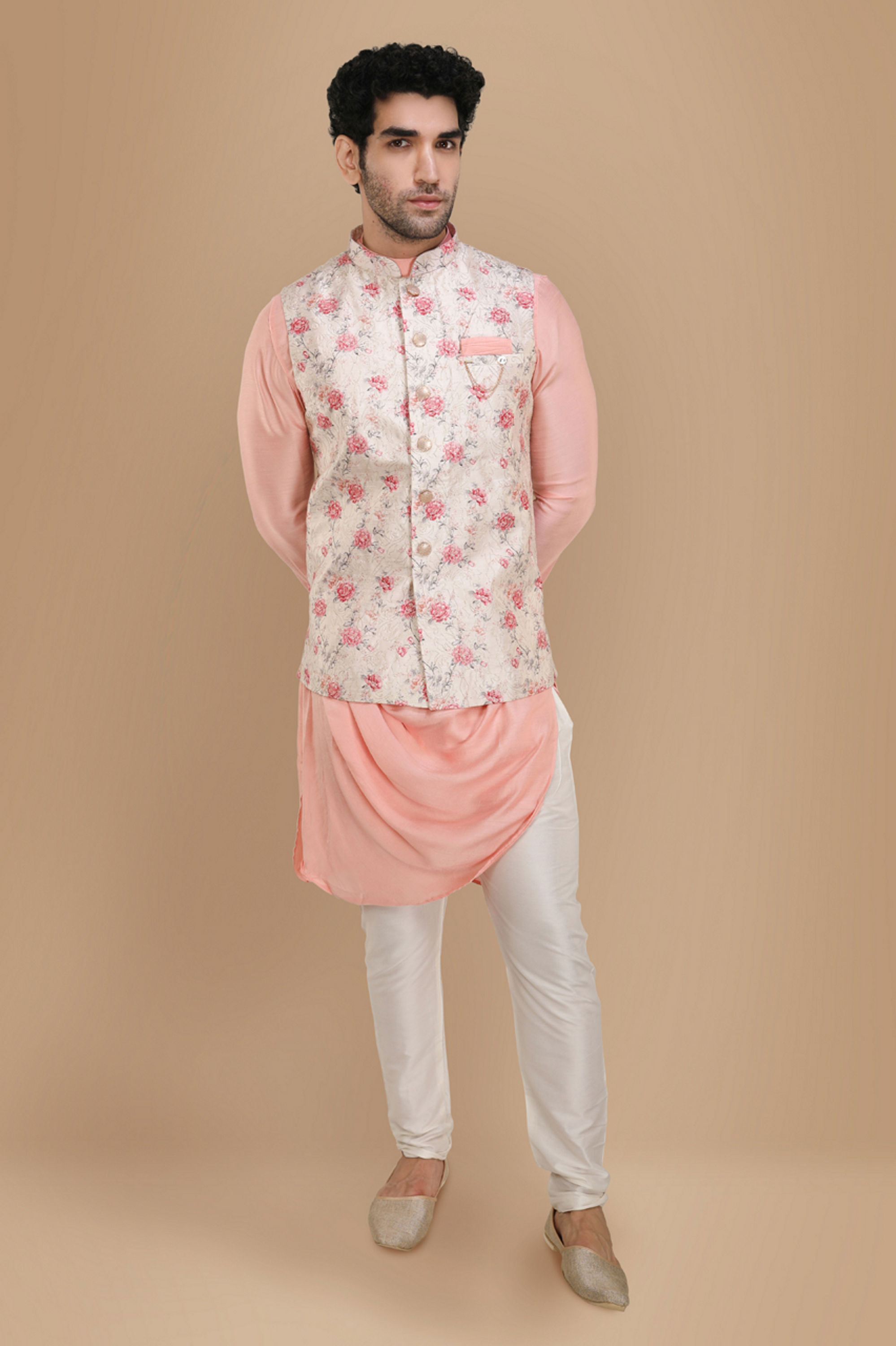 Manyavar Men Pink Draped Kurta Jacket Set