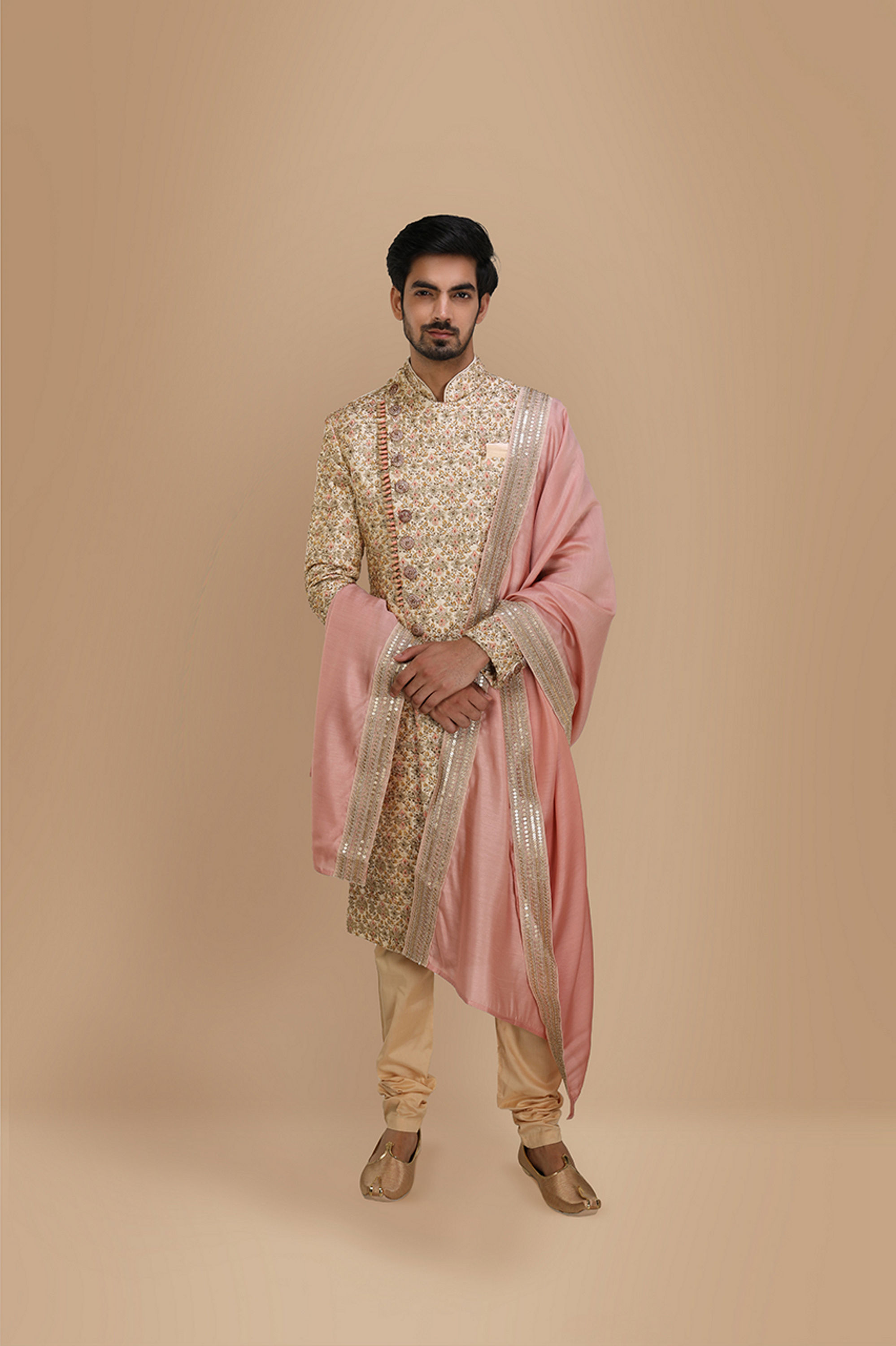 Manyavar Men Aesthetic Fawn Patterned Sherwani Set
