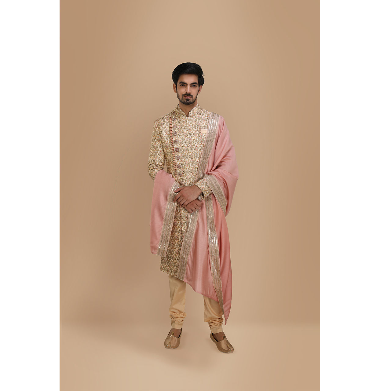 Manyavar Men Aesthetic Fawn Patterned Sherwani Set