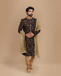 Manyavar Men Maroon Embroidered Groom Sherwani