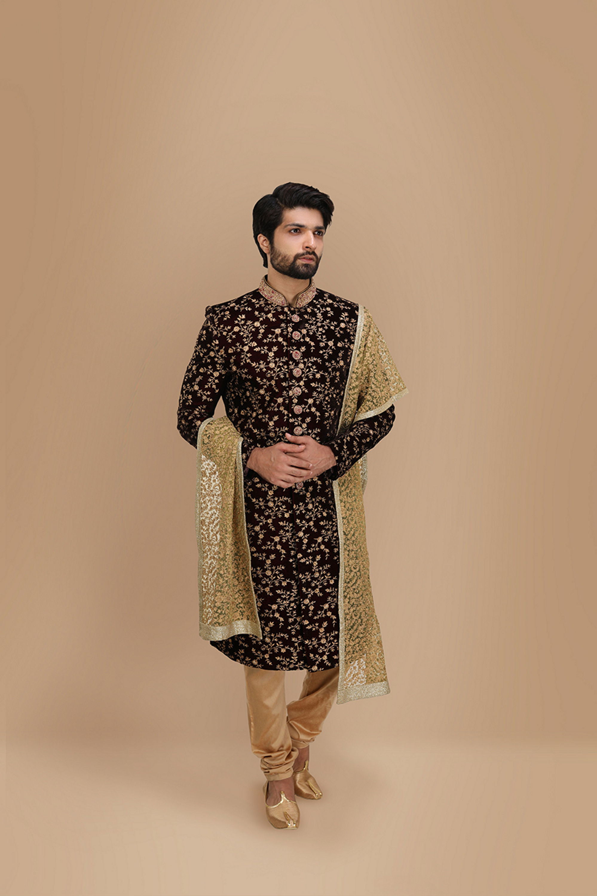 Manyavar Men Maroon Embroidered Groom Sherwani