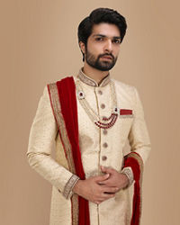 Manyavar Men Beige Sherwani Suit With Bold Zardozi Work