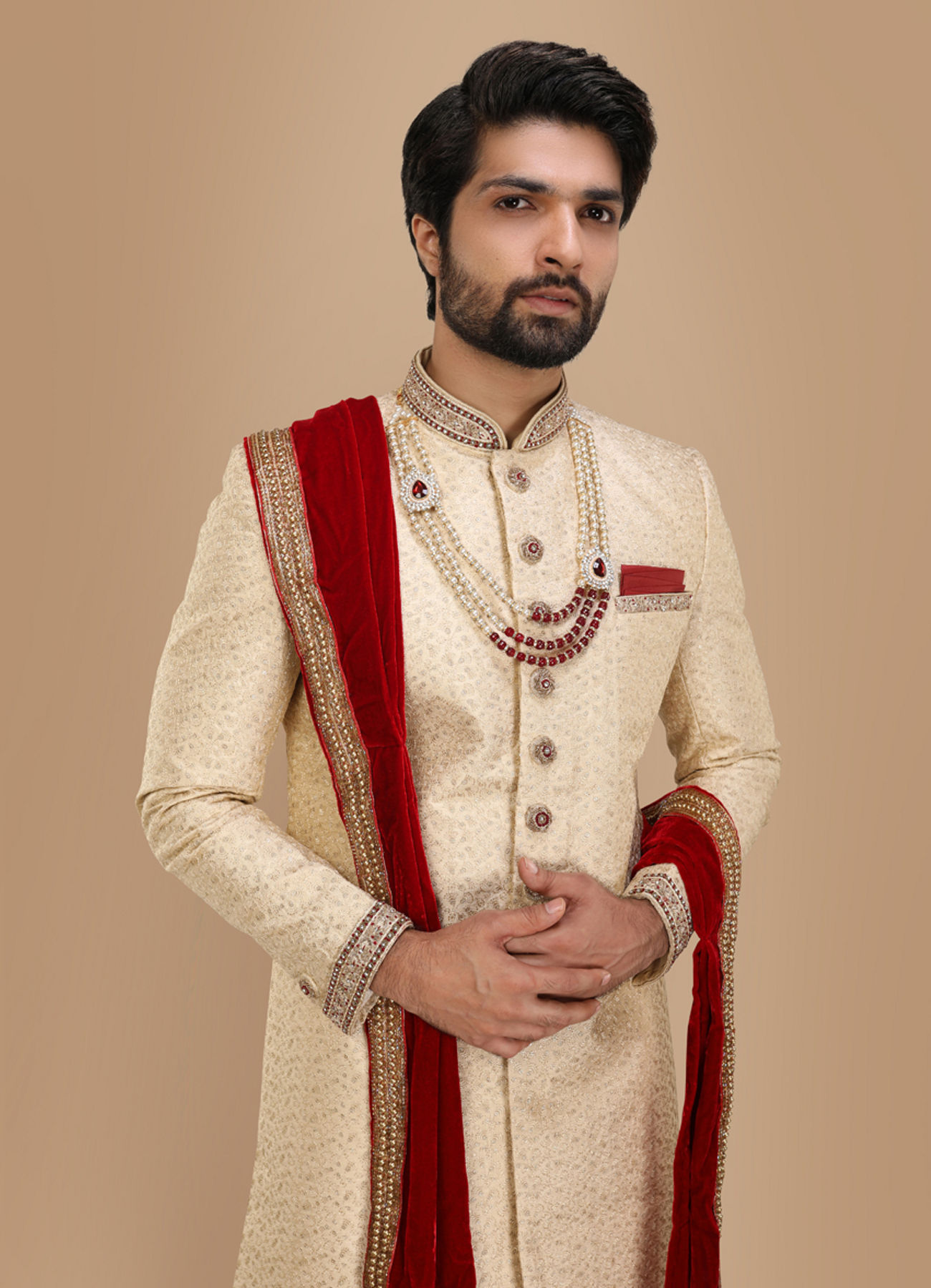 Manyavar Men Beige Sherwani Suit With Bold Zardozi Work