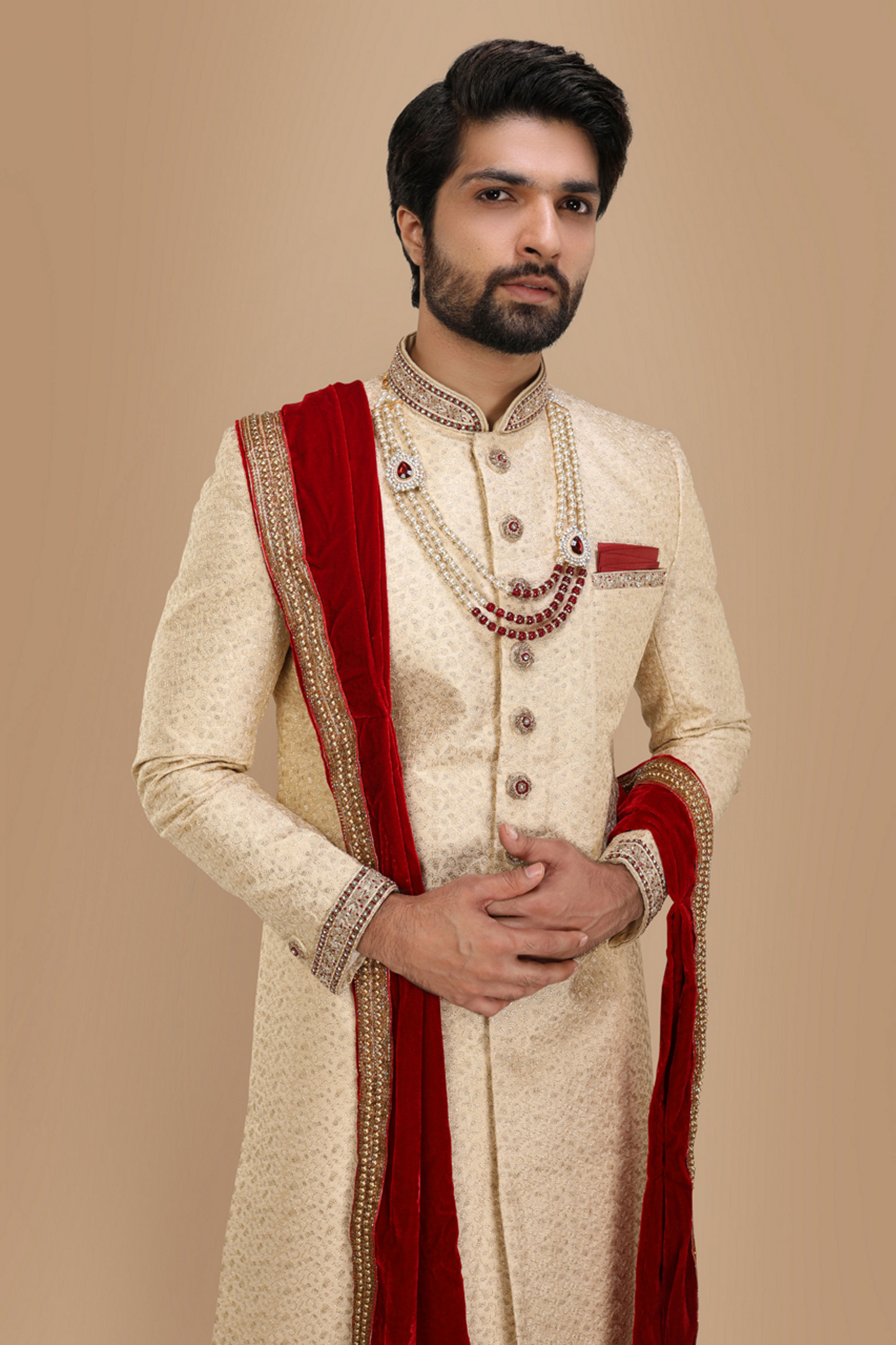 Manyavar Men Beige Sherwani Suit With Bold Zardozi Work