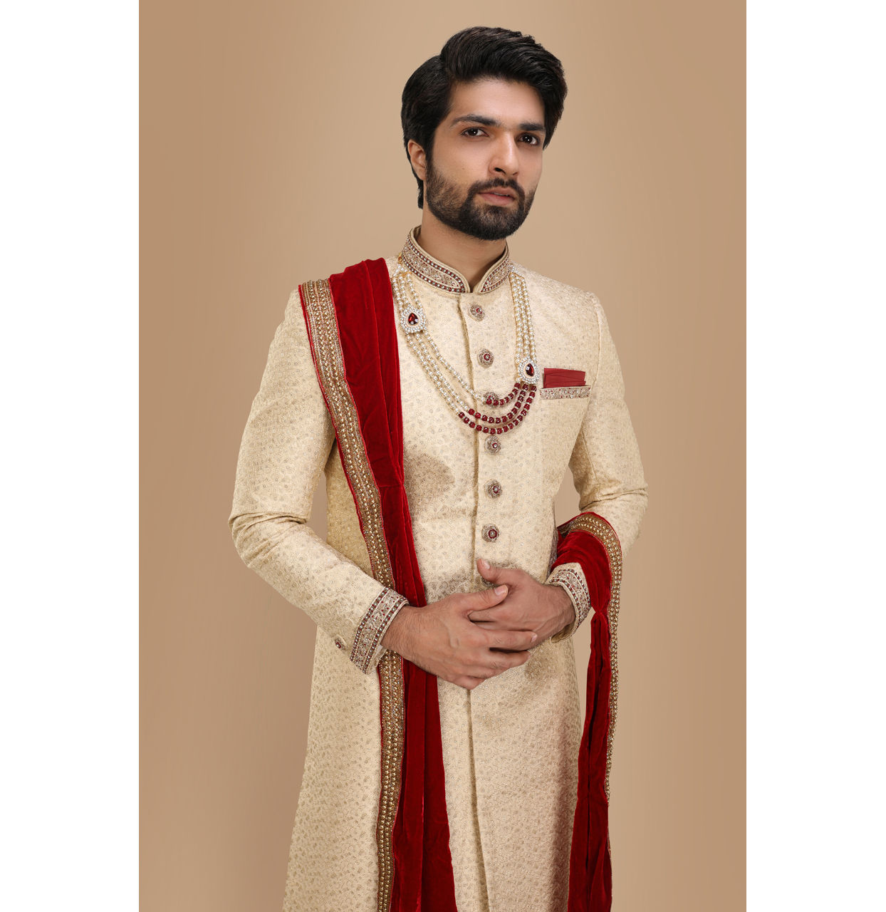 Manyavar Men Beige Sherwani Suit With Bold Zardozi Work
