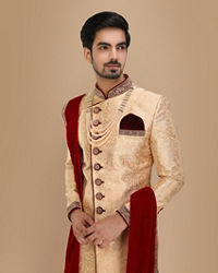 Manyavar Men Fawn Embellished Designer Wedding Sherwani