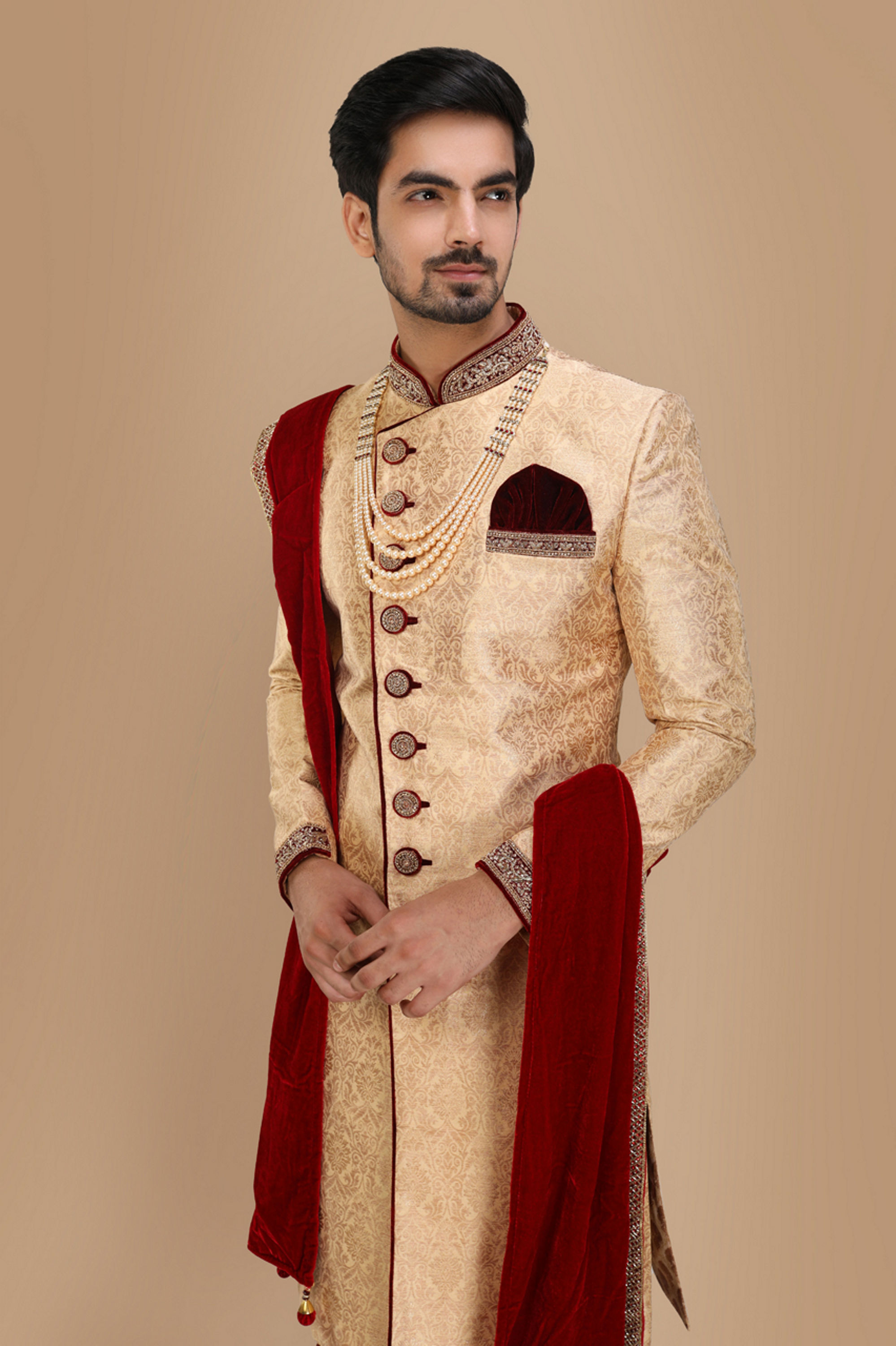 Manyavar Men Fawn Embellished Designer Wedding Sherwani