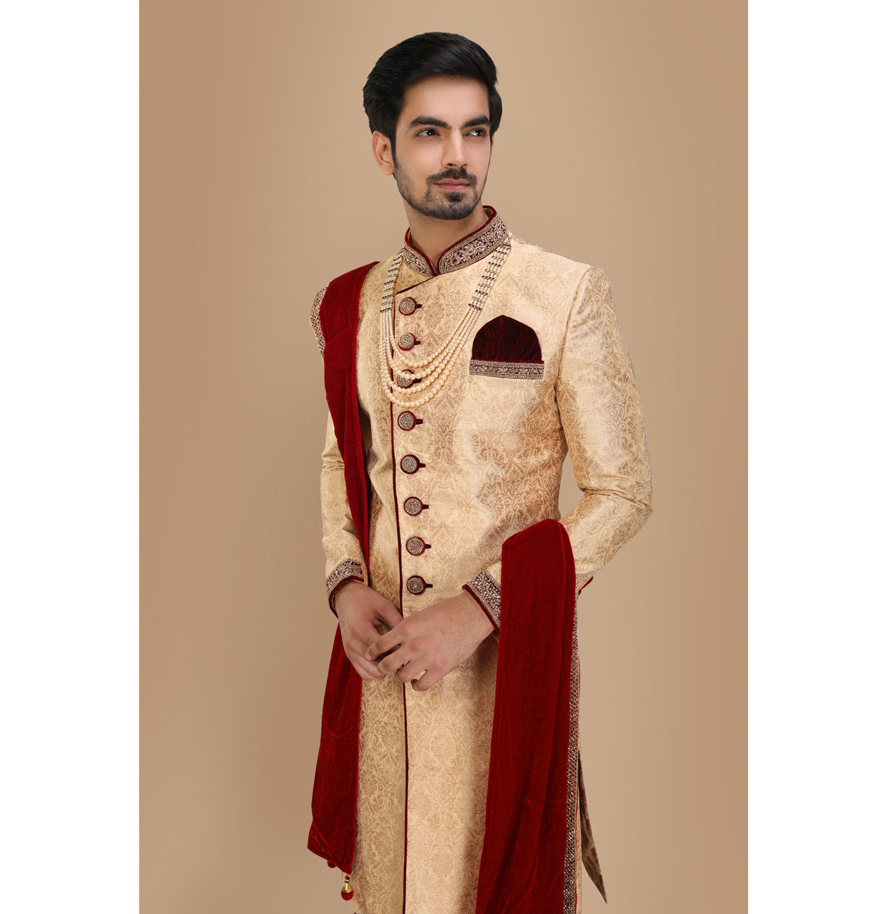Manyavar Men Fawn Embellished Designer Wedding Sherwani