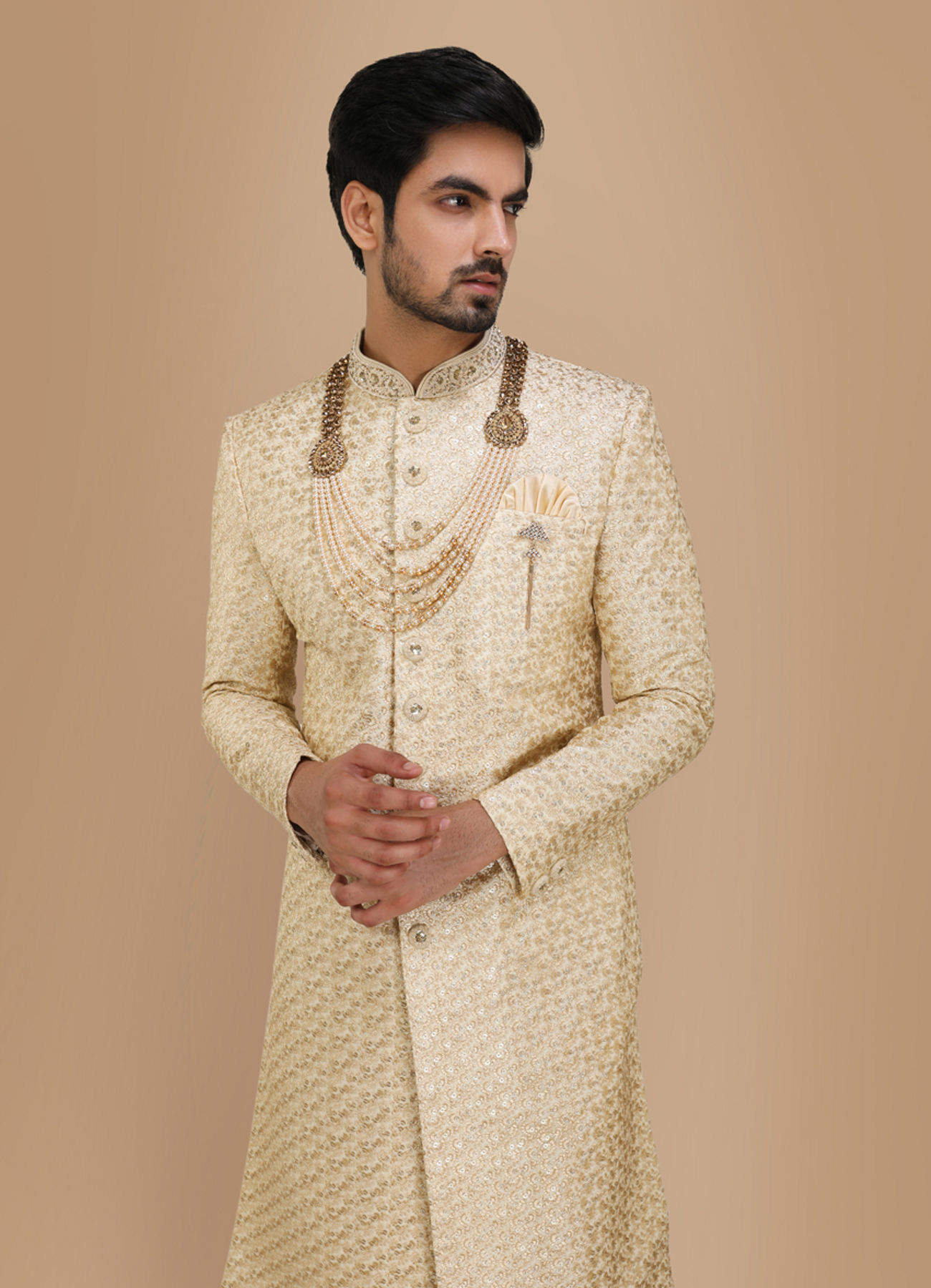 Manyavar Men Biscuit Color Indian Sherwani