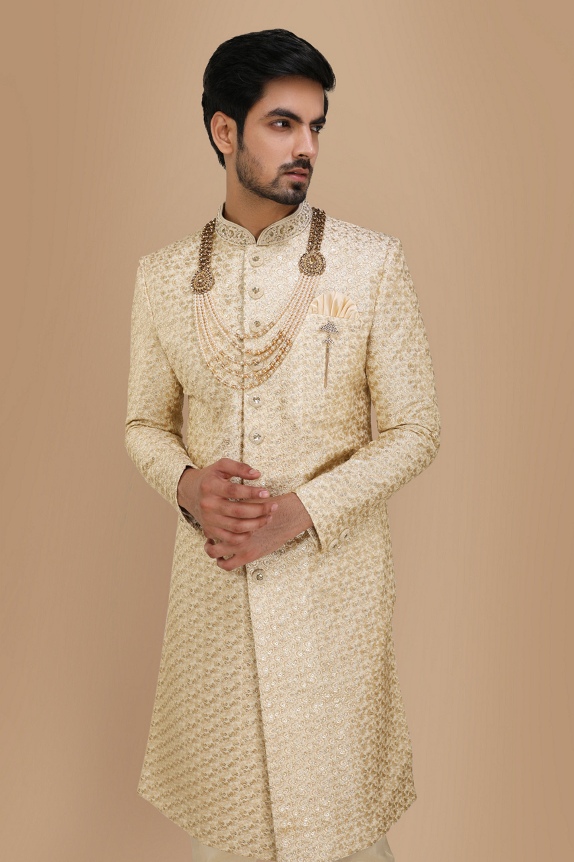 Manyavar Men Biscuit Color Indian Sherwani