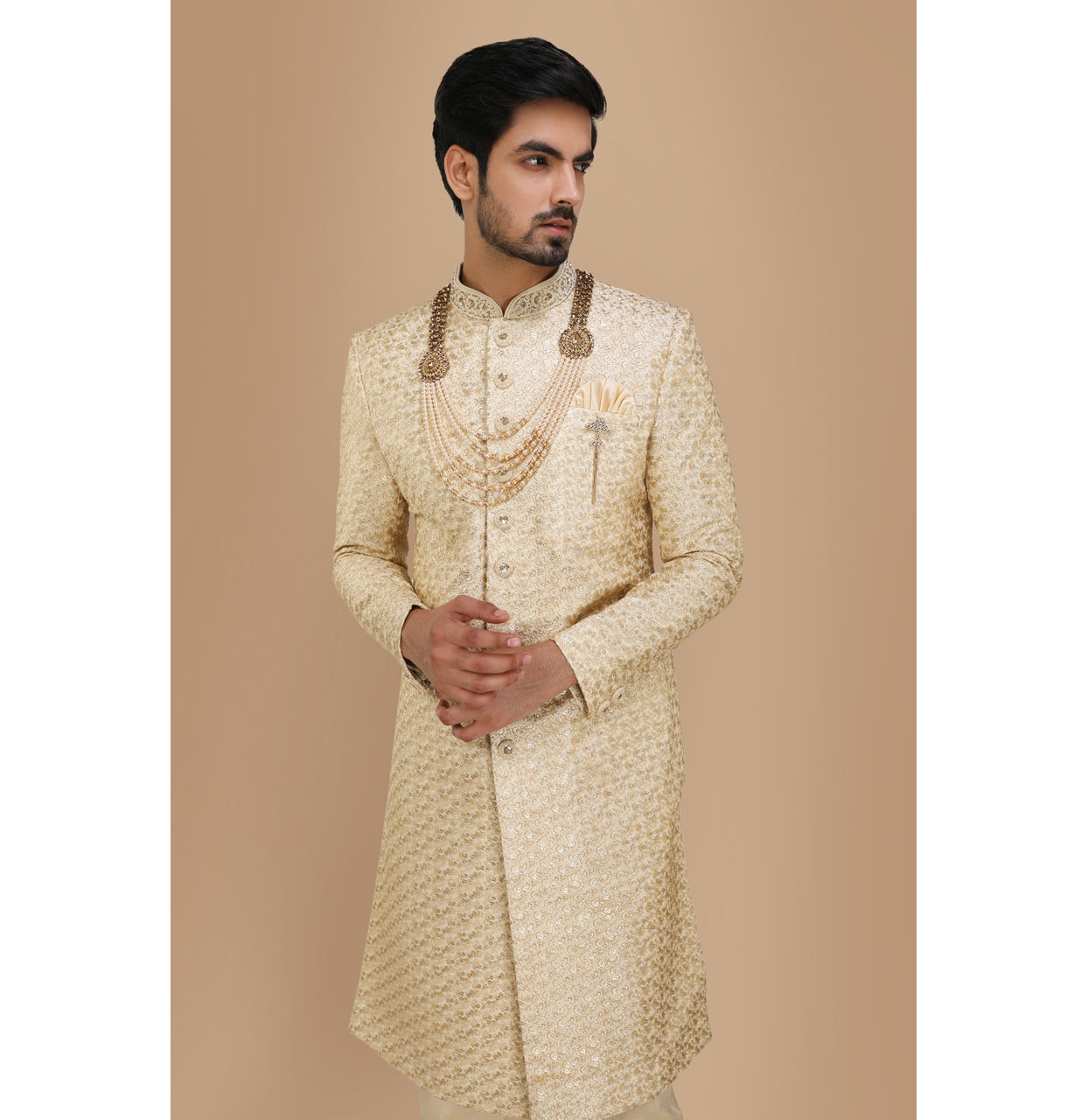 Manyavar Men Biscuit Color Indian Sherwani