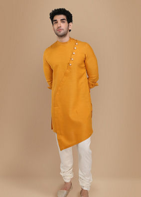 alt message - Manyavar Men Mustard Yellow Asymmetric Kurta image number 1