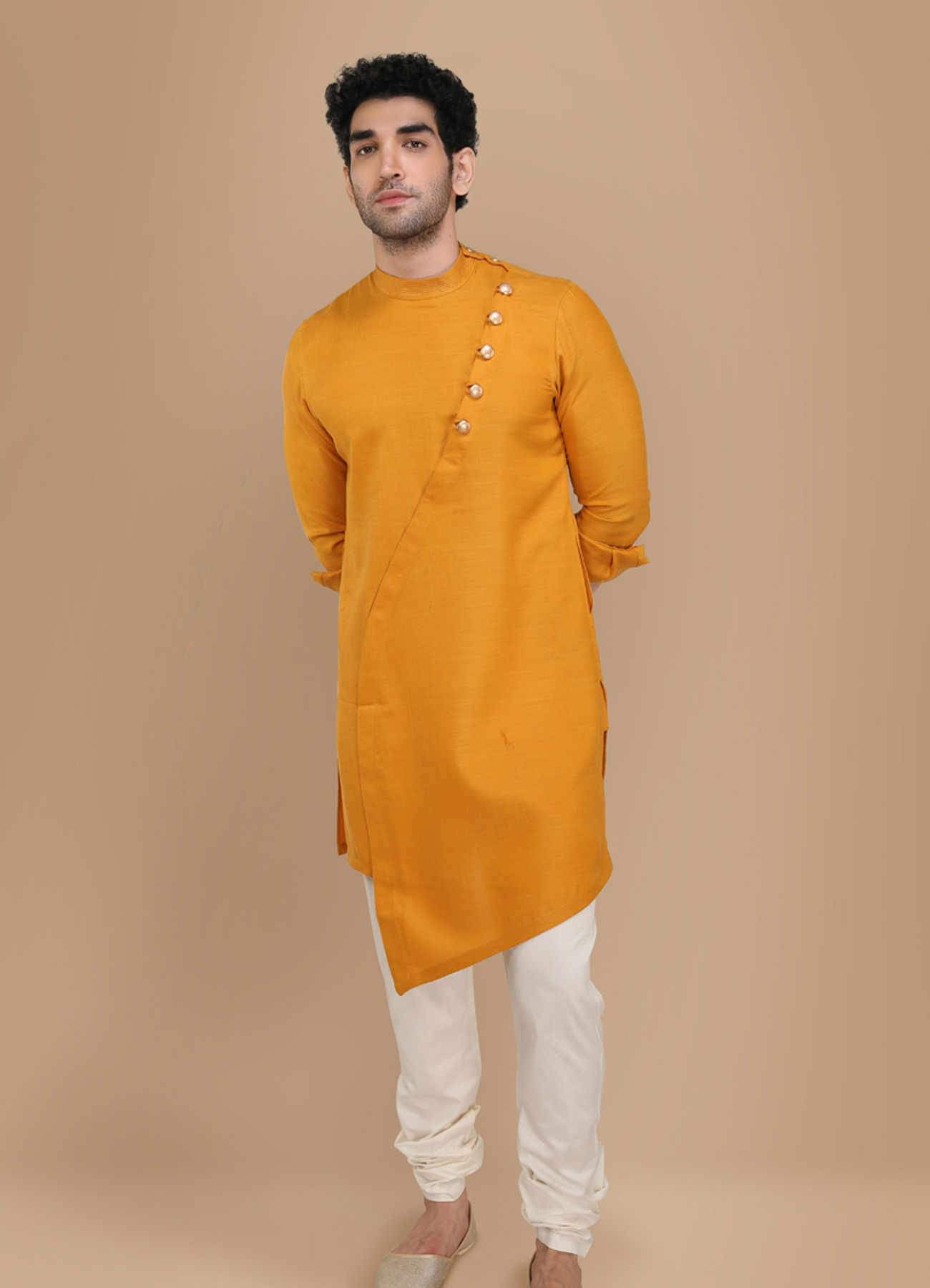 Manyavar Men Mustard Yellow Asymmetric Kurta