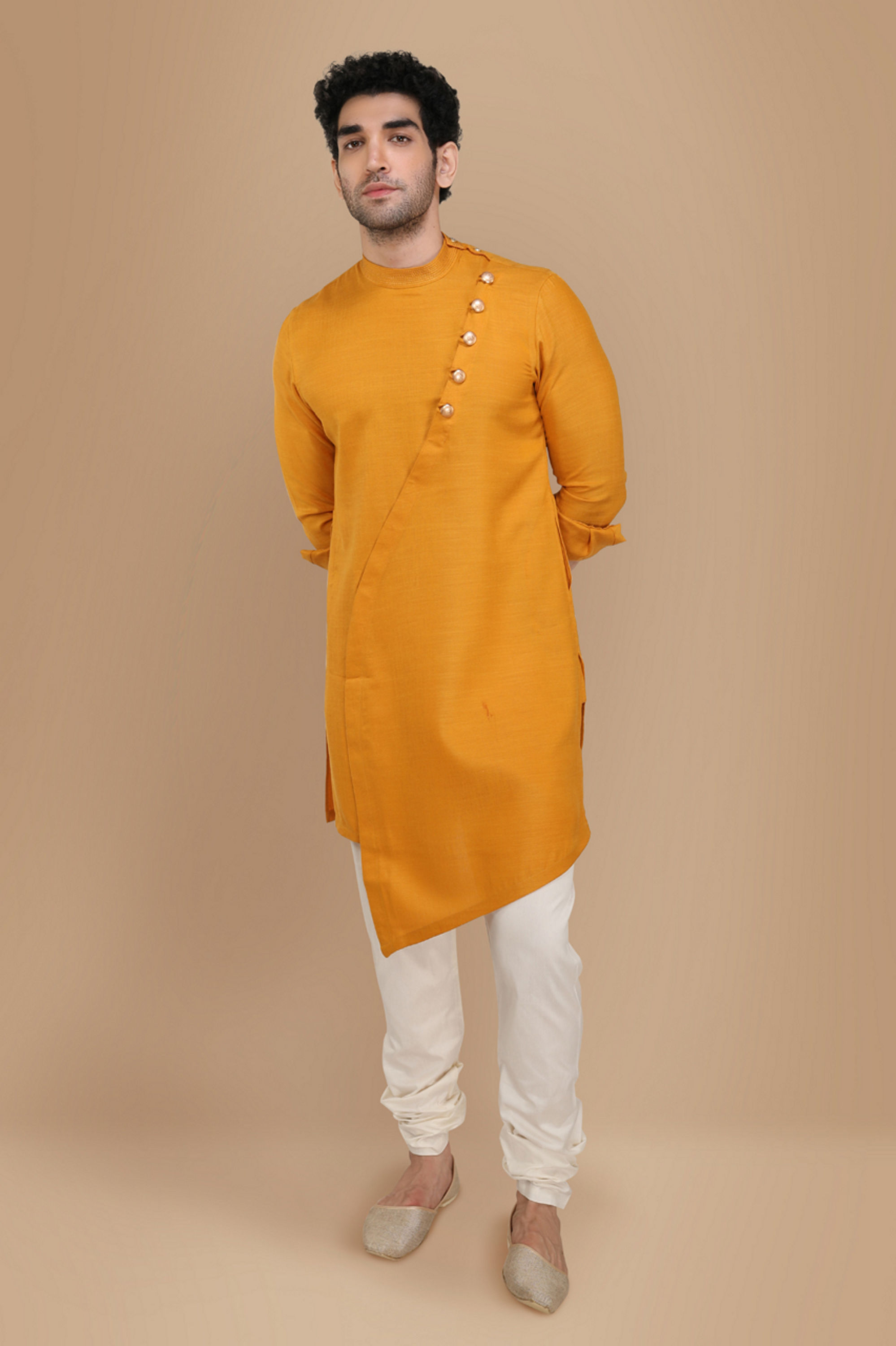 Manyavar Men Mustard Yellow Asymmetric Kurta