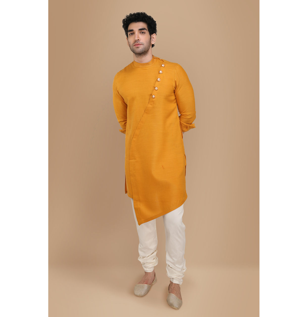 alt message - Manyavar Men Mustard Yellow Asymmetric Kurta image number 1