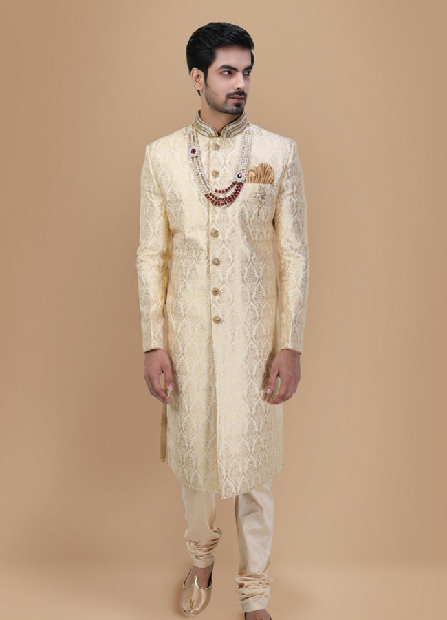 alt message - Manyavar Men Classic Light Colored Traditional Sherwani image number 3