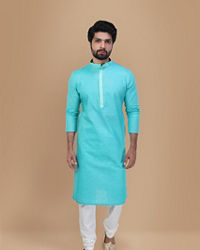 Manyavar Men Seafoam Green Solid Kurta Set With Neck Detailing