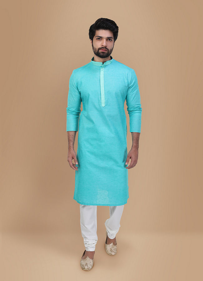 alt message - Manyavar Men Seafoam Green Solid Kurta Set With Neck Detailing image number 1