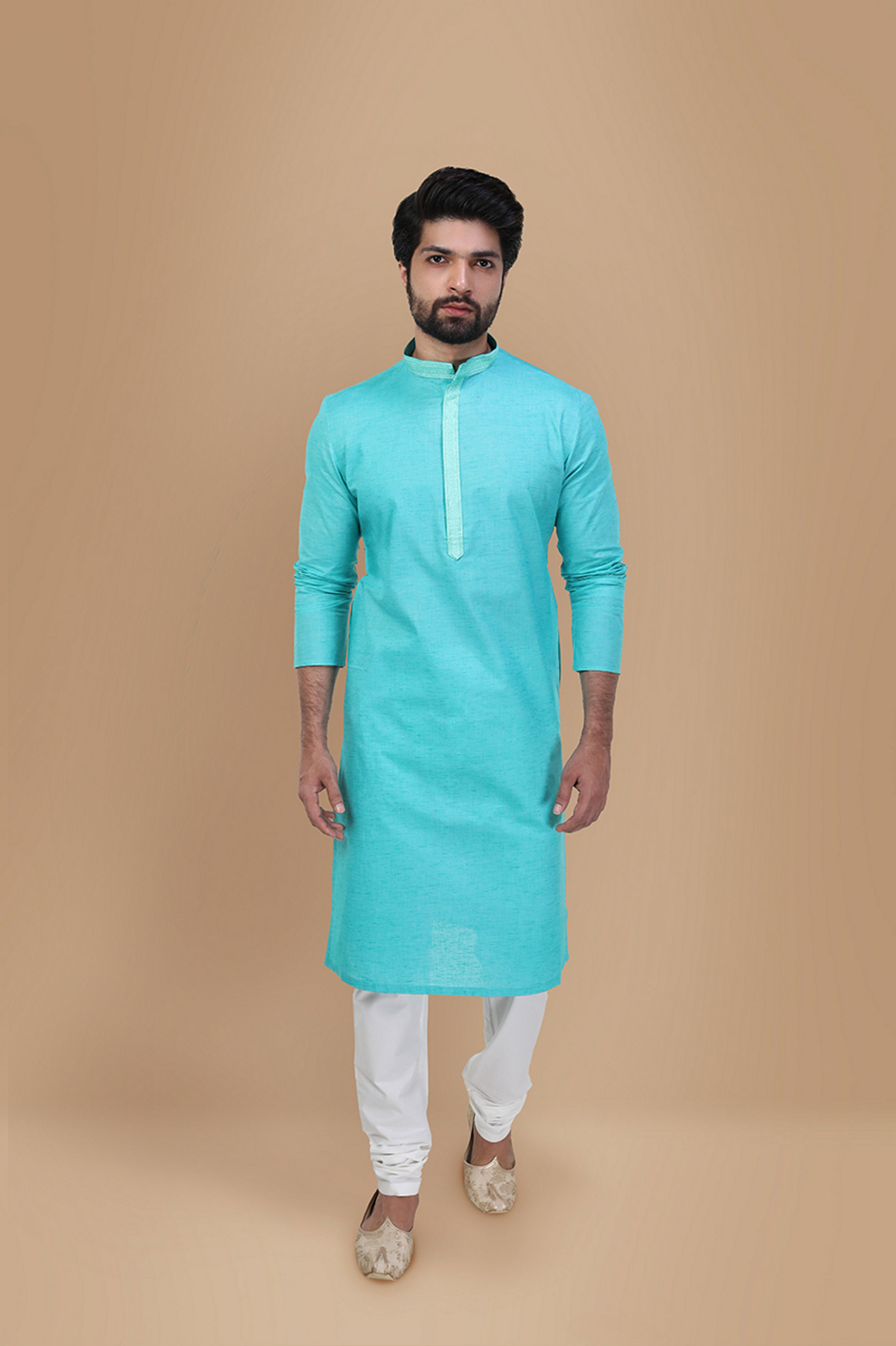 Manyavar Men Seafoam Green Solid Kurta Set With Neck Detailing