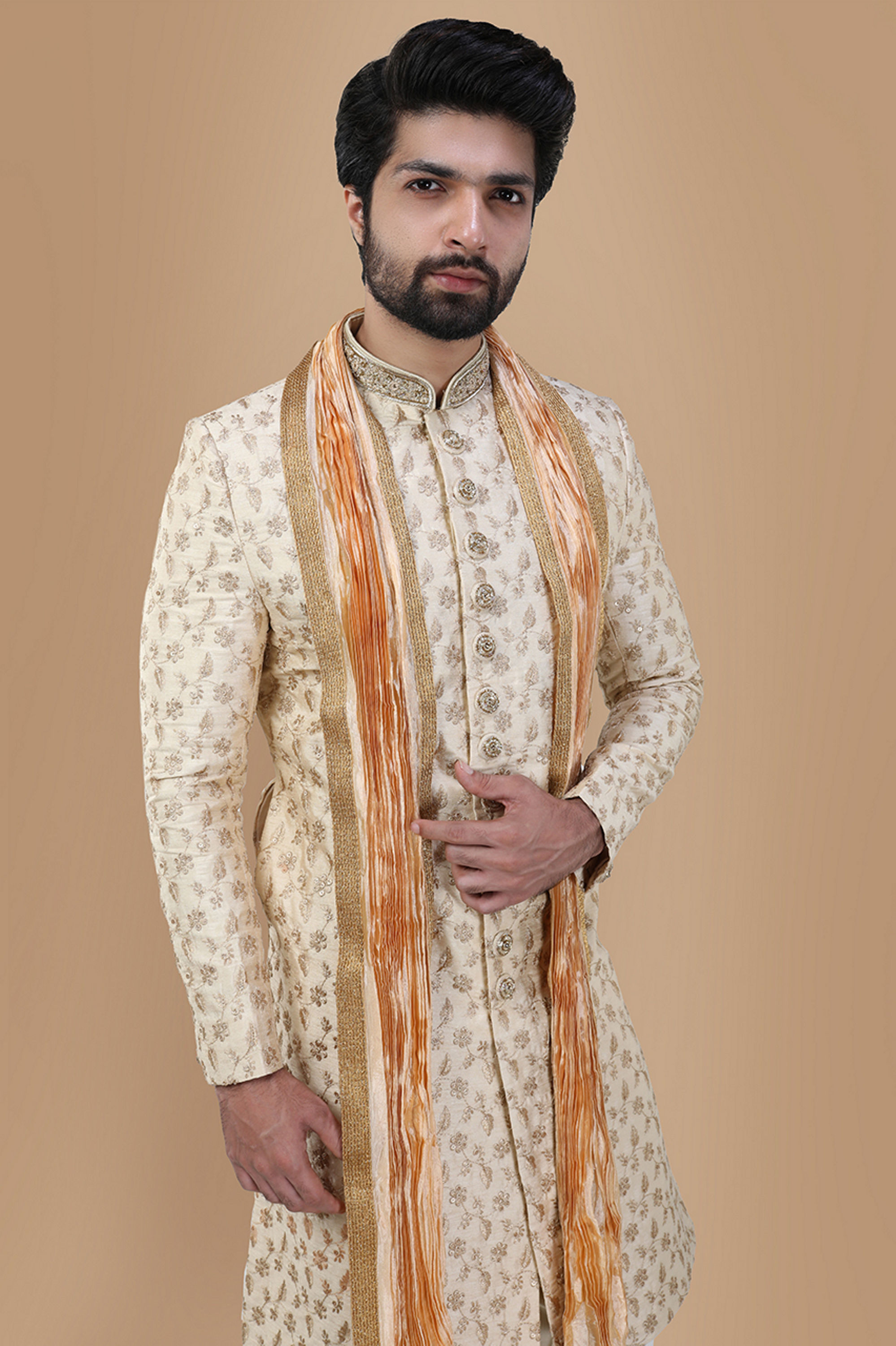 Manyavar Men Suave Beige Sherwani Set