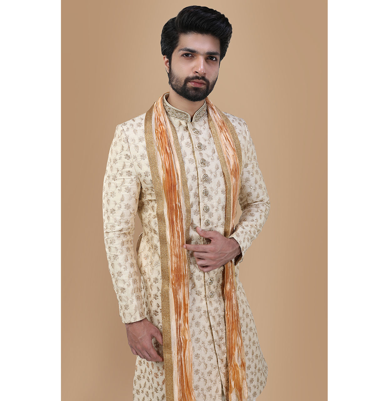 alt message - Manyavar Men Suave Beige Sherwani Set image number 0