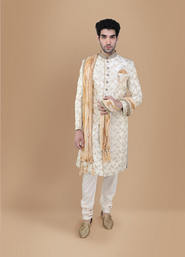Manyavar Men Luminous Biscuit Beige Sherwani