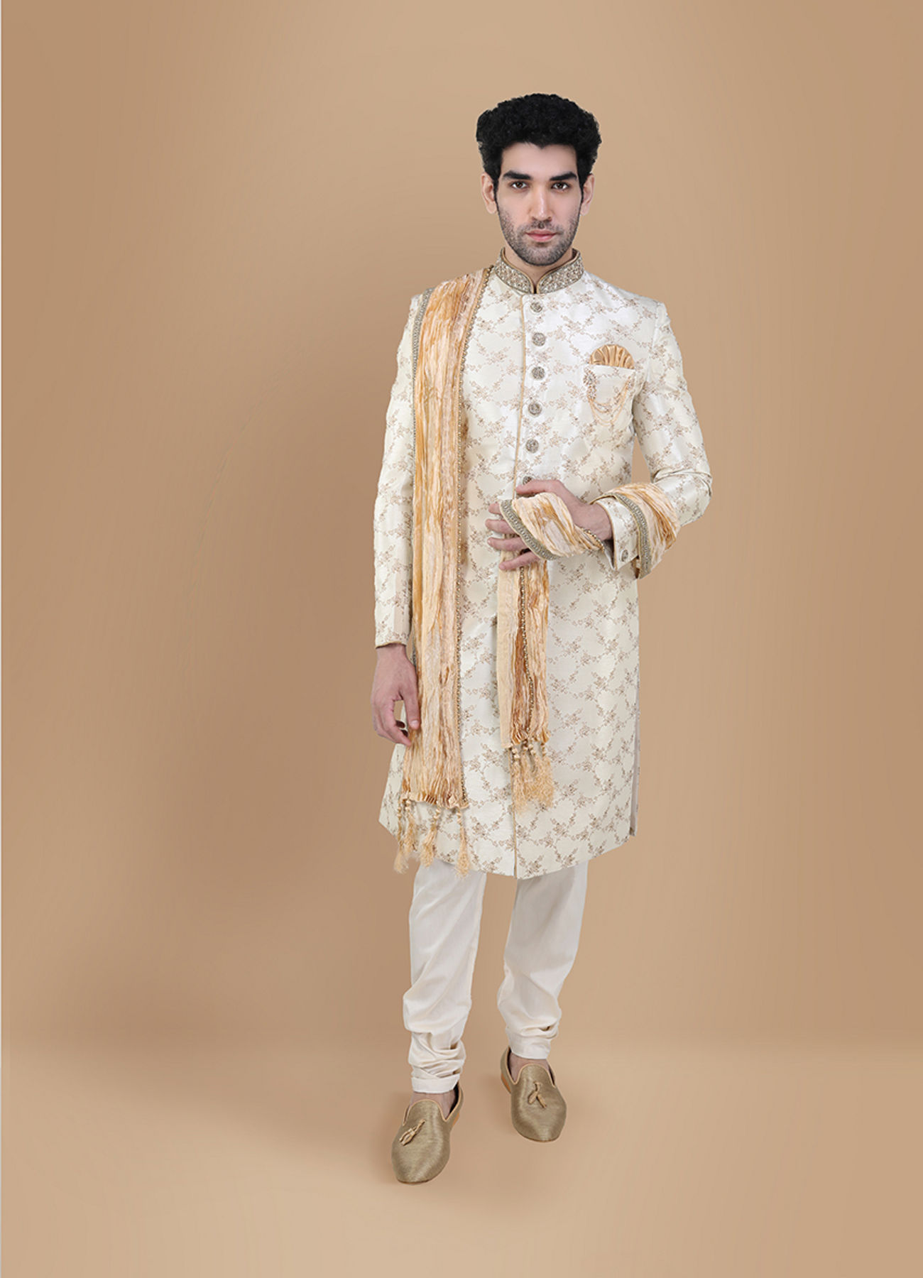 Manyavar Men Luminous Biscuit Beige Sherwani