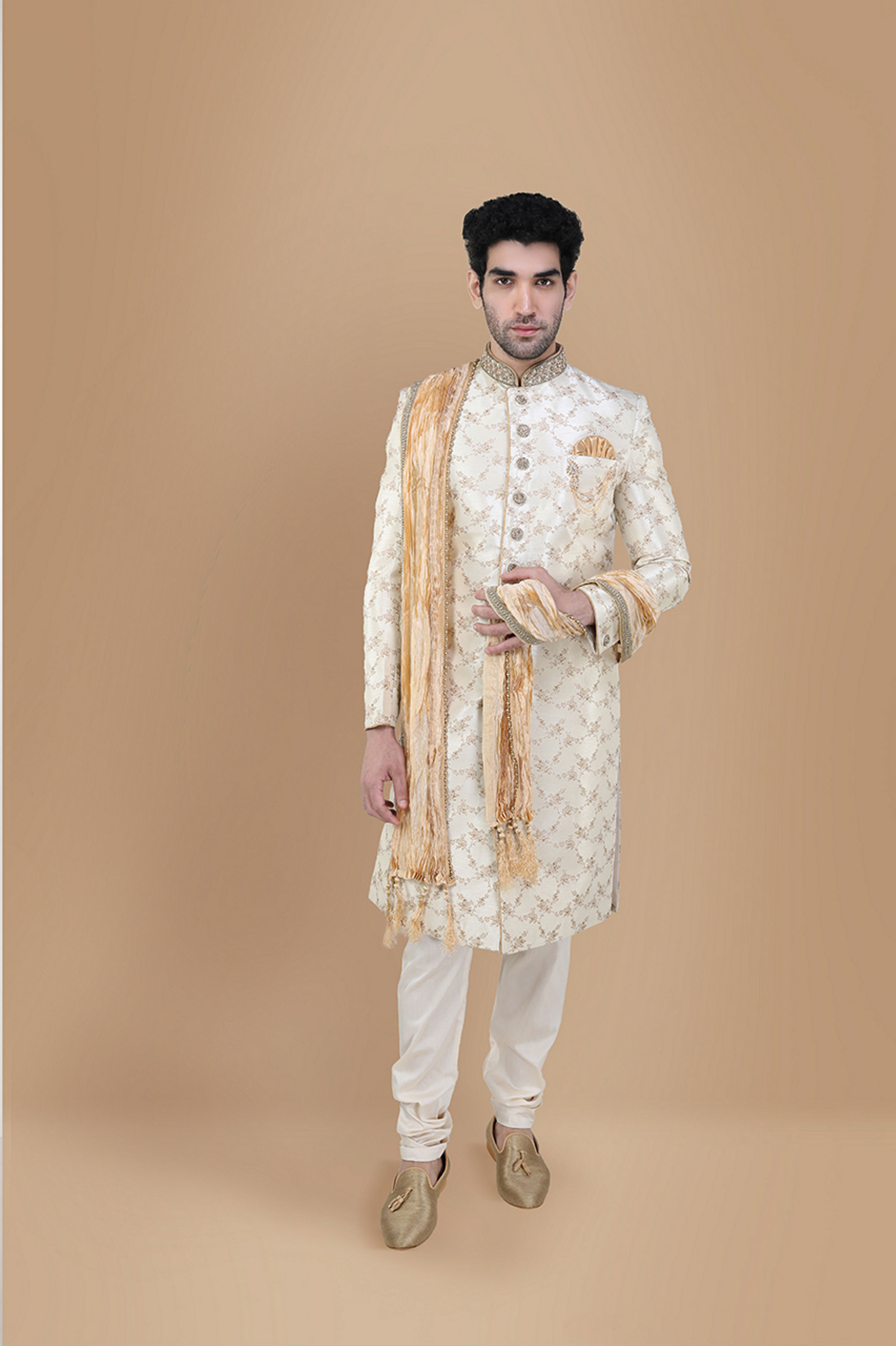 Manyavar Men Luminous Biscuit Beige Sherwani