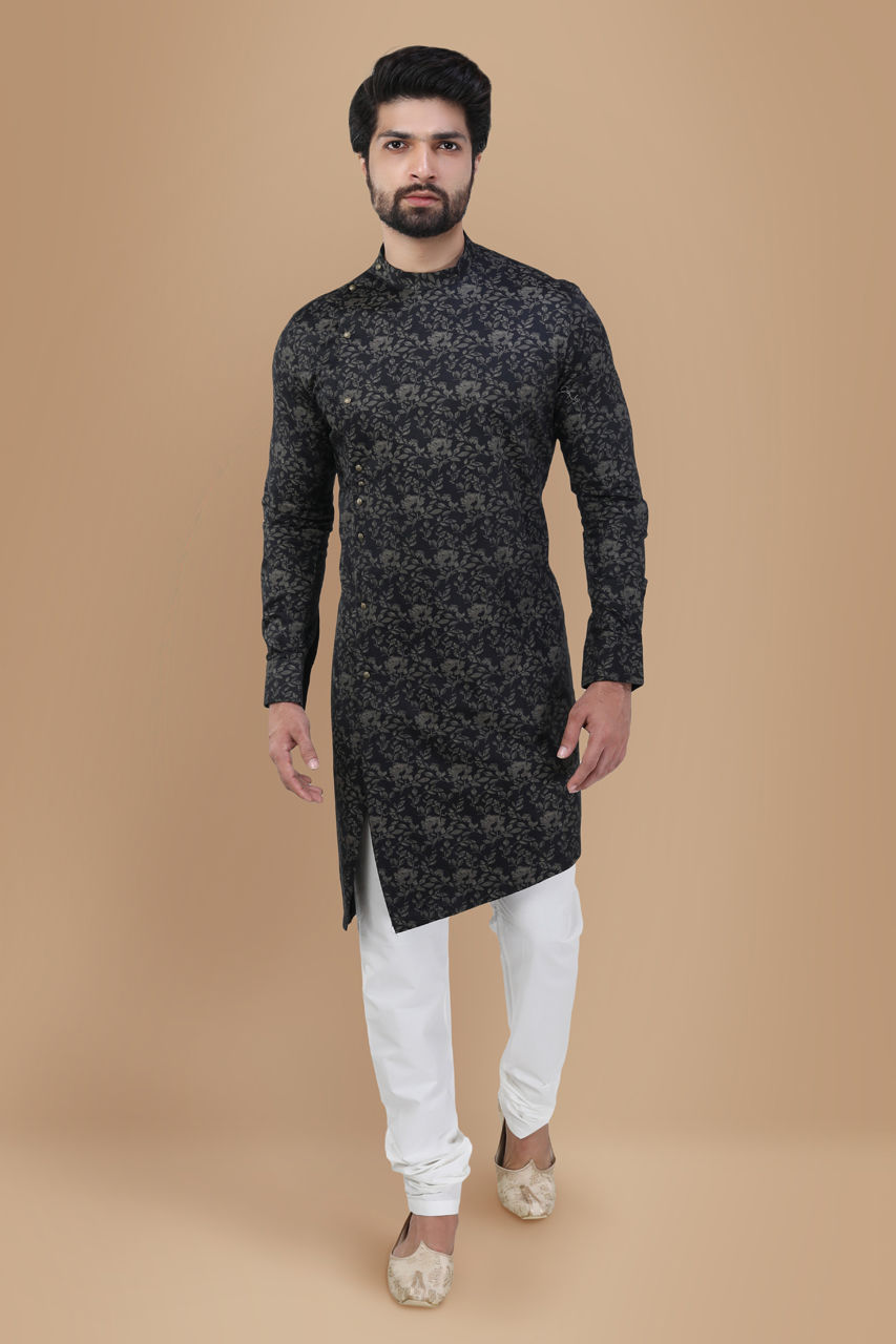 Manyavar Men Smoke Black Floral Print Kurta