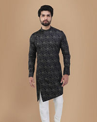 Manyavar Men Smoke Black Floral Print Kurta