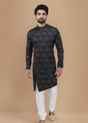 Manyavar Men Smoke Black Floral Print Kurta