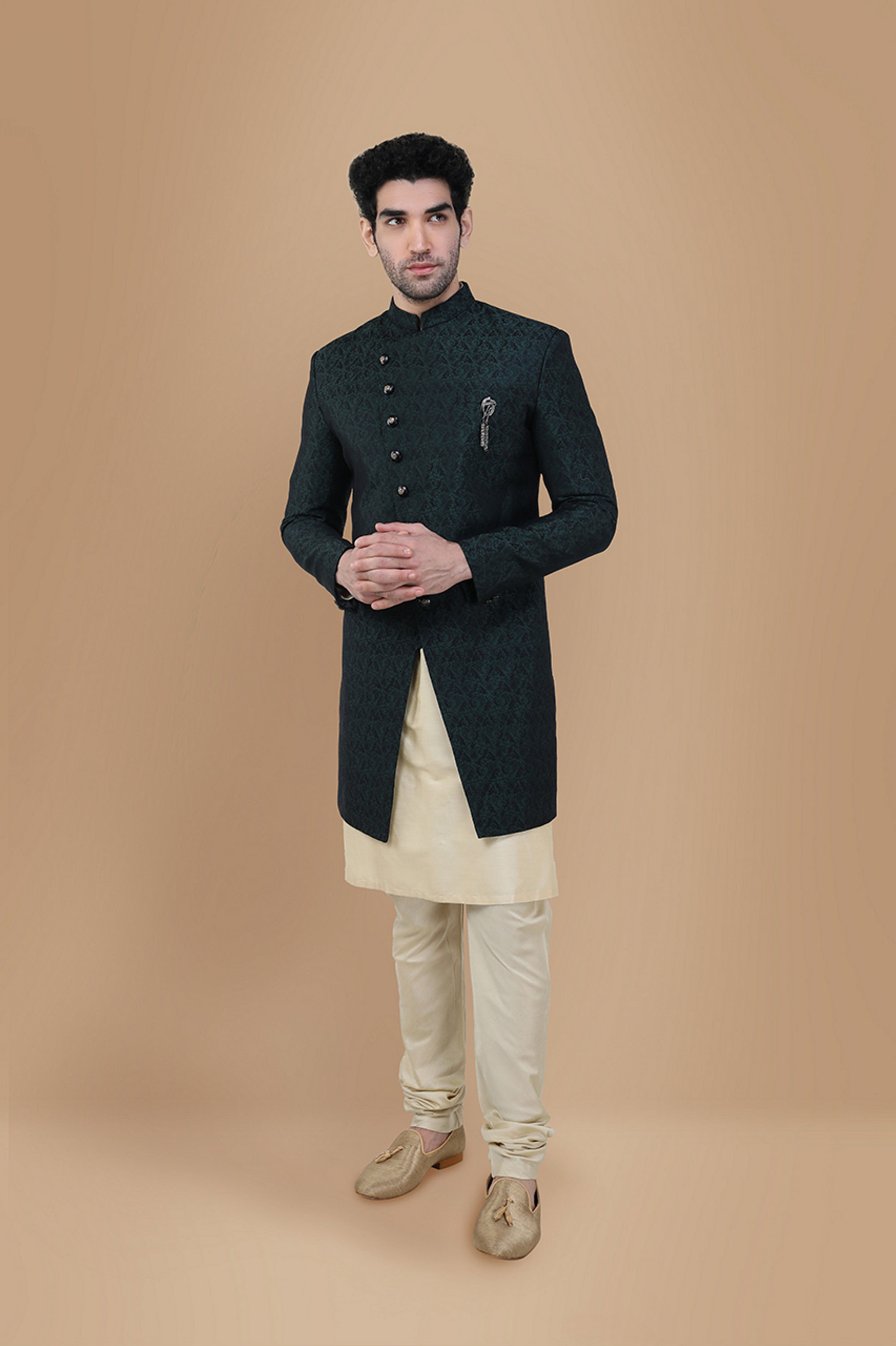 Manyavar Men Magnificient Green Indo Western Set