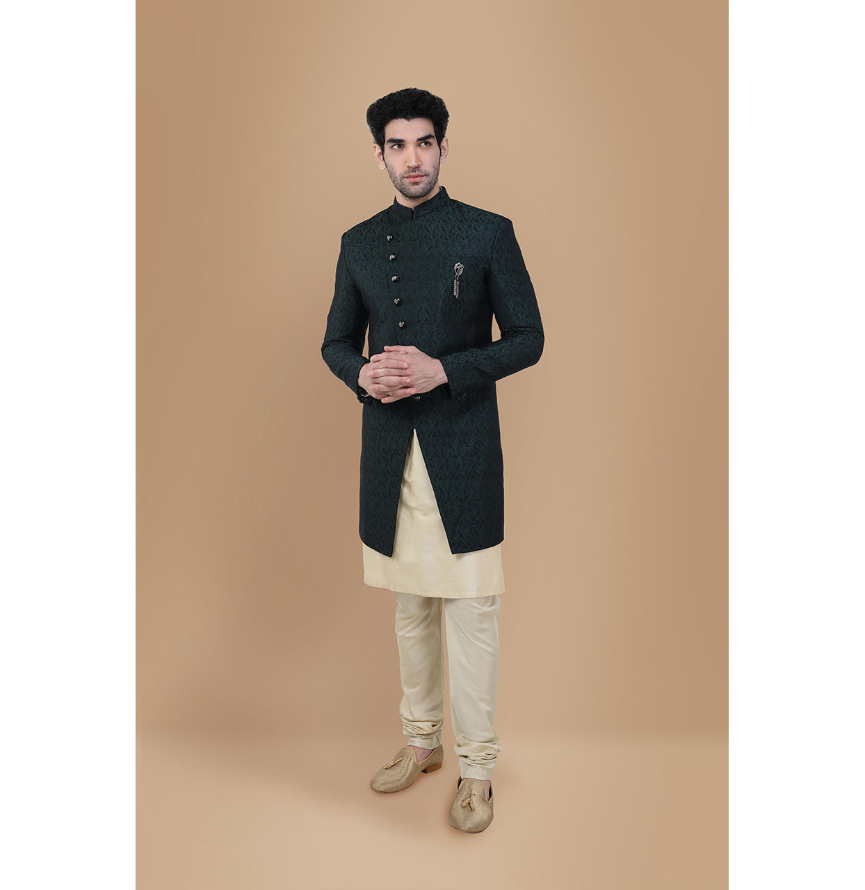 Manyavar Men Magnificient Green Indo Western Set