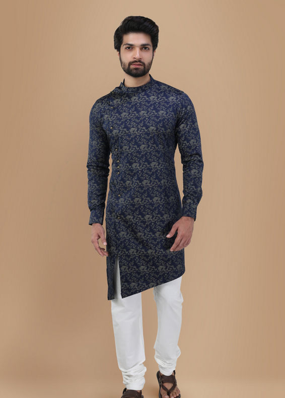 Manyavar Men Royal Blue Floral Print Kurta