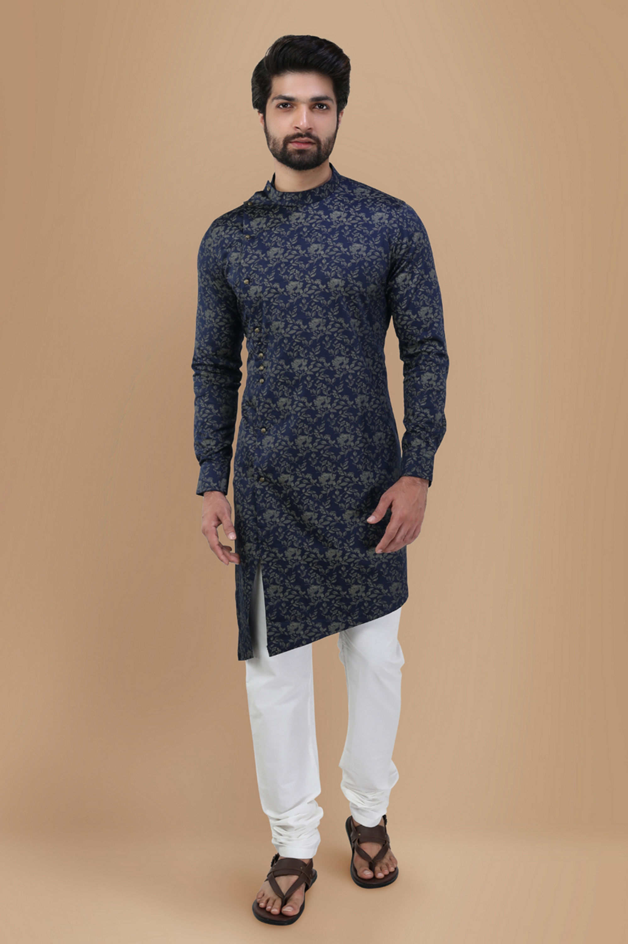 Manyavar Men Royal Blue Floral Print Kurta