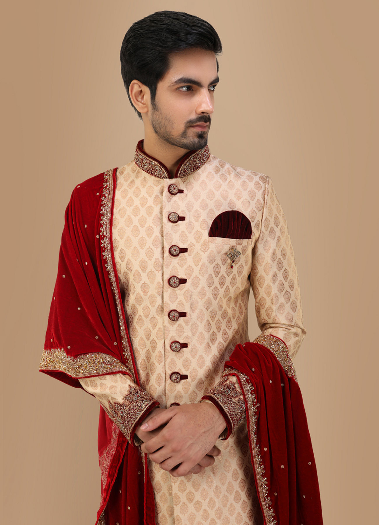Manyavar Men Opulent Fawn Jacquard Sherwani