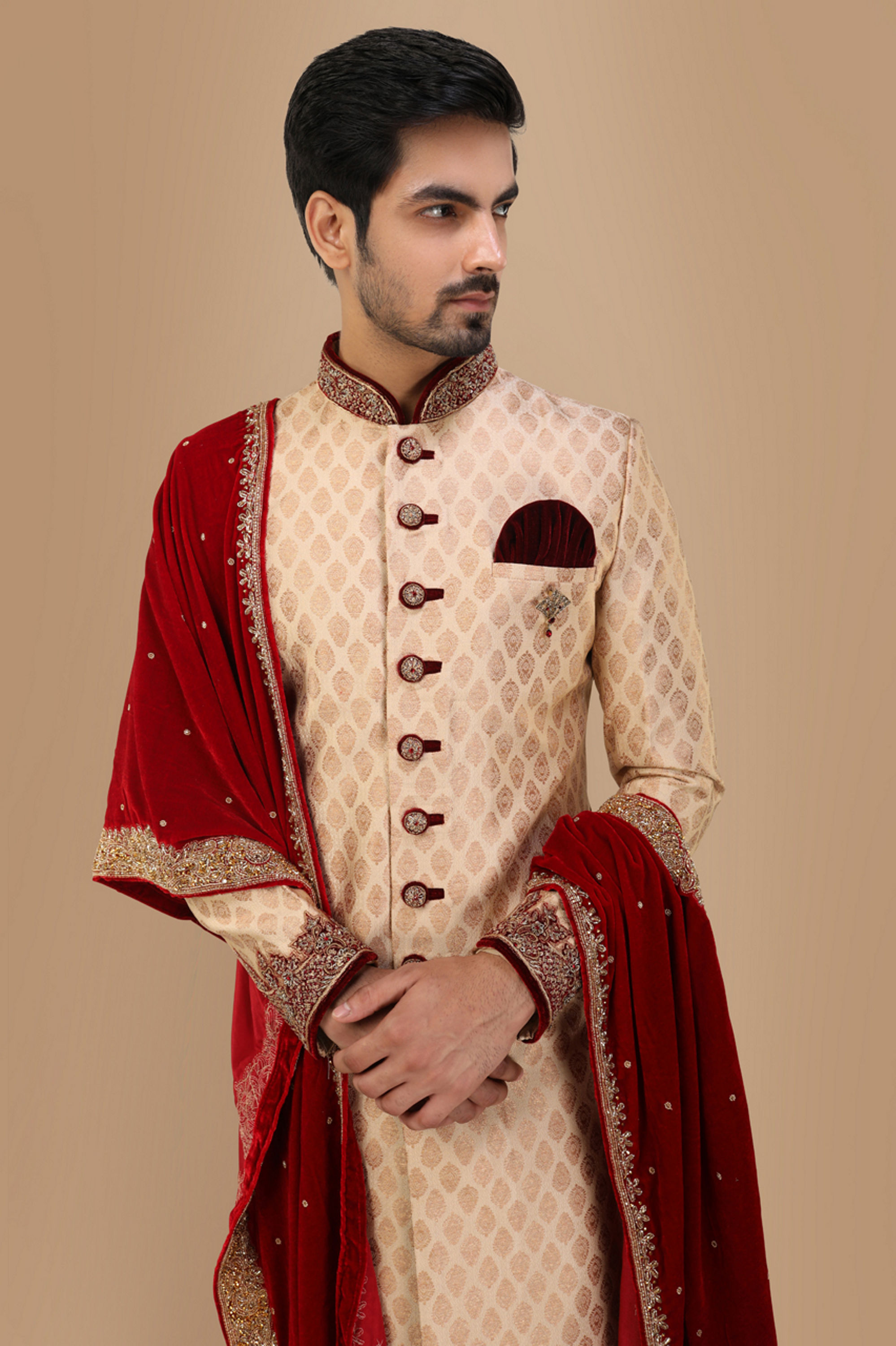 Manyavar Men Opulent Fawn Jacquard Sherwani