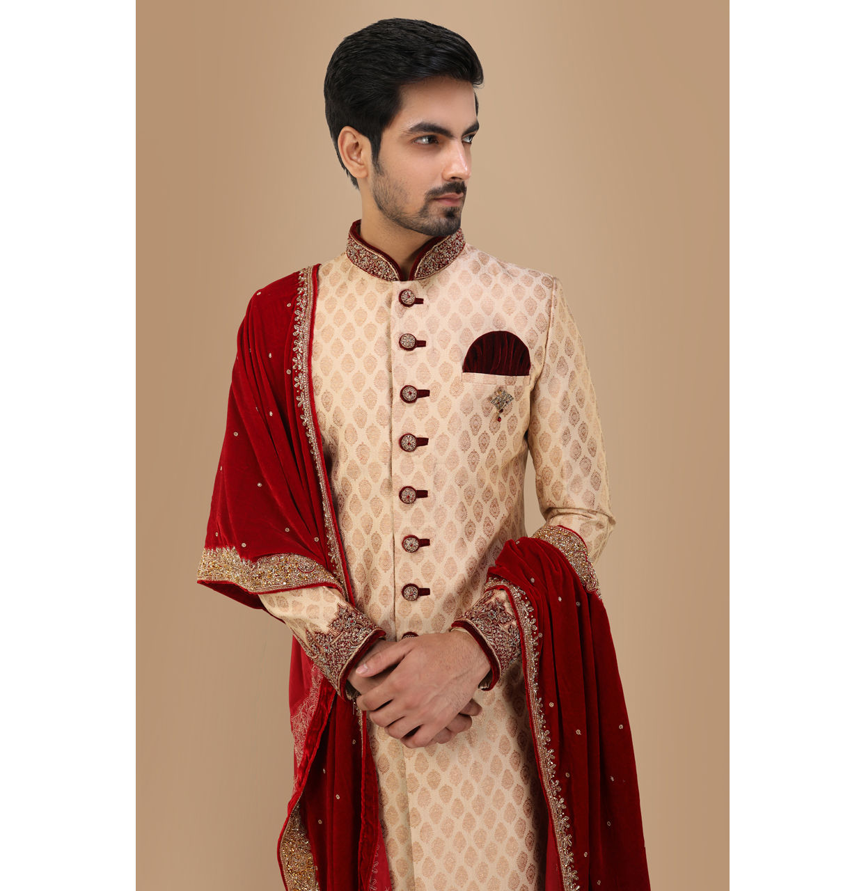 Manyavar Men Opulent Fawn Jacquard Sherwani