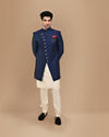 alt message - Manyavar Men Alluring Blue Party Wear Indo Western Set image number 1