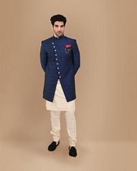 Manyavar Men Alluring Blue Party Wear Indo Western Set