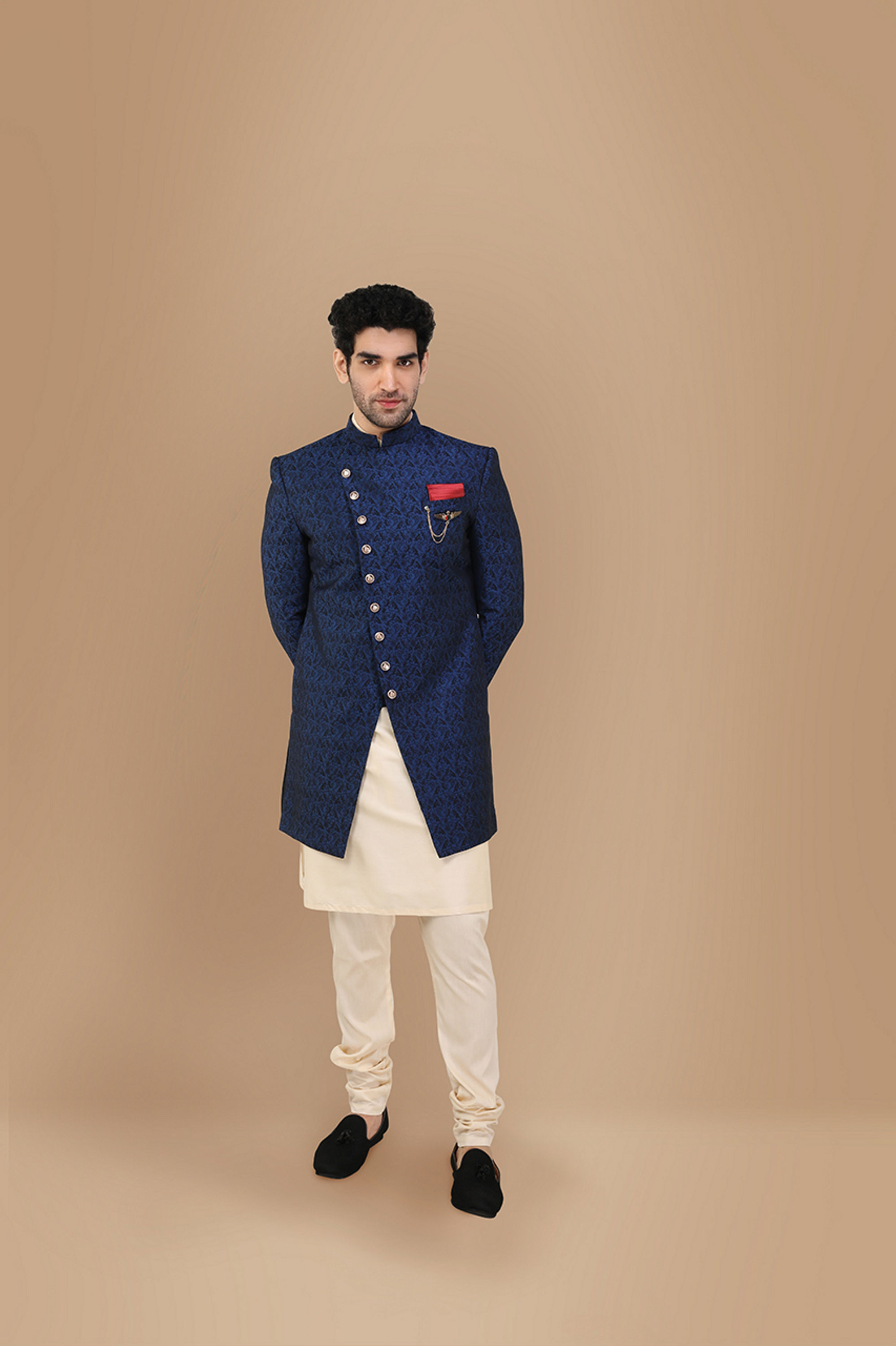 Manyavar Men Alluring Blue Party Wear Indo Western Set