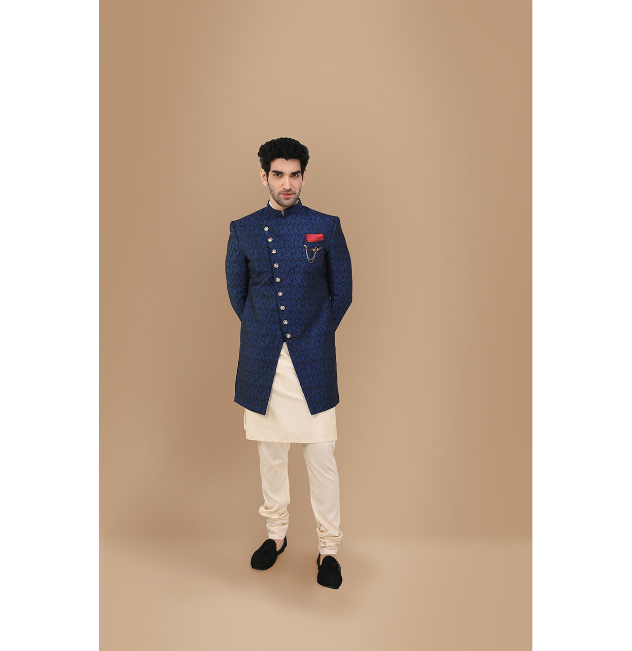 alt message - Manyavar Men Alluring Blue Party Wear Indo Western Set image number 1