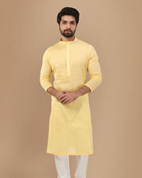 Manyavar Men Pastel Yellow Self Striped Kurta Set