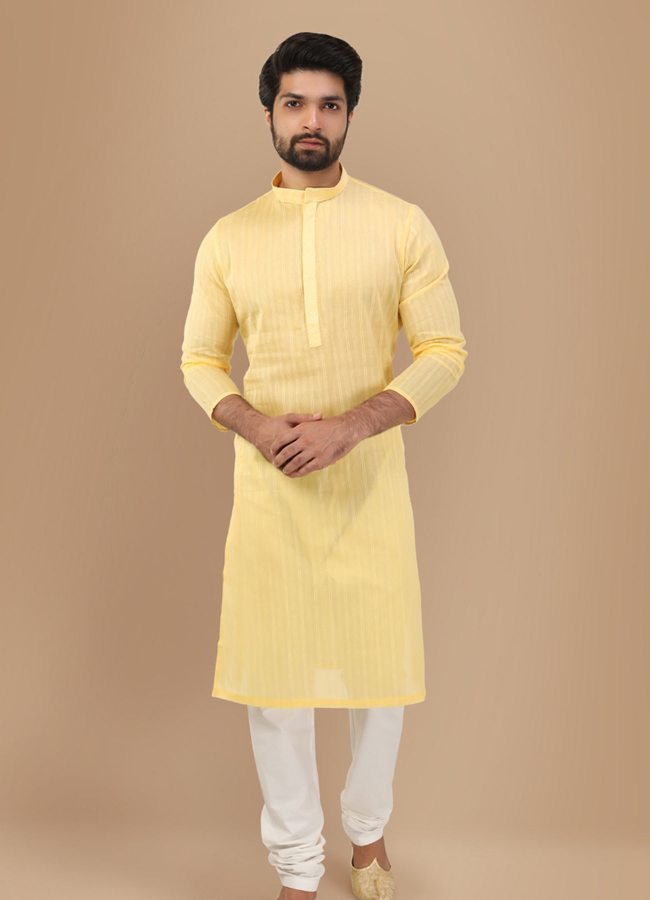 Manyavar Men Pastel Yellow Self Striped Kurta Set