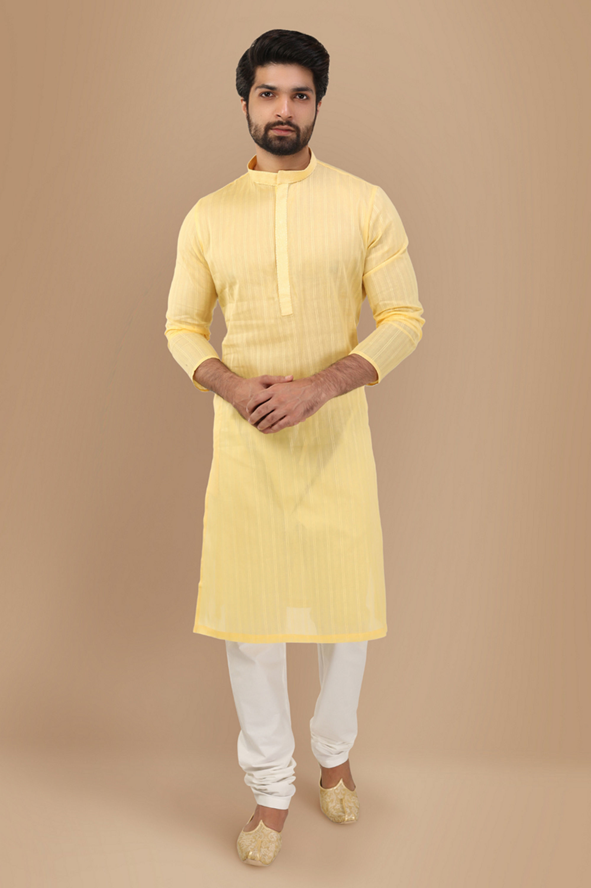 Manyavar Men Pastel Yellow Self Striped Kurta Set