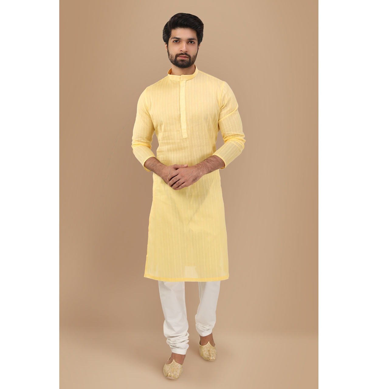 Manyavar Men Pastel Yellow Self Striped Kurta Set